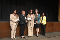 Photo of the speakers at this event. (from the left: Dr. Darienne Driver, Renee Rashid-Merem, Jocelyn Allen, Harper West, Dr. Sibrina Collins
