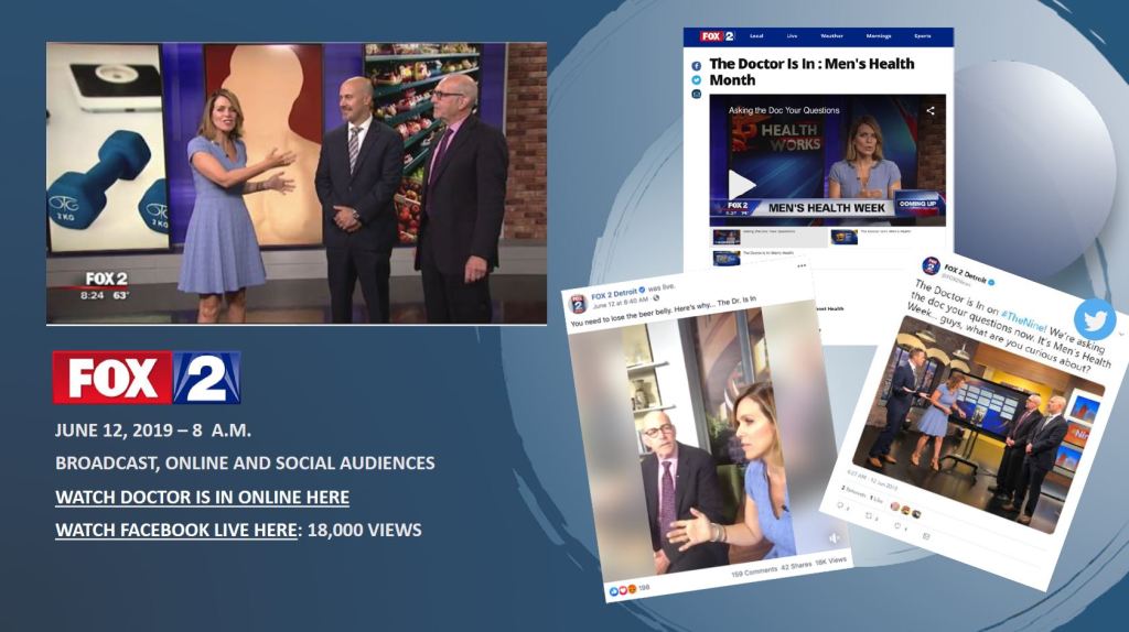Screenshot from the MIU mens health foundation recap. Photos of Deena Centofanti with Dr. Lutz and his colleague. This broadcasted on Fox2 news.