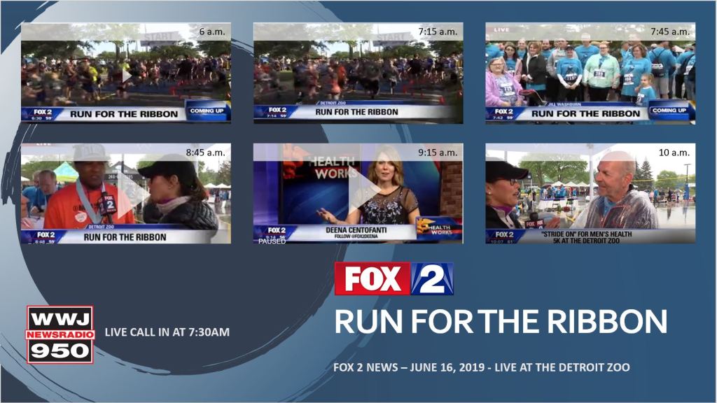Screenshot from the MIU mens health foundation recap for the run for the ribbon. Photos of Deena Centofanti with Dr. Lutz and his colleagues. This broadcasted on Fox2 news.